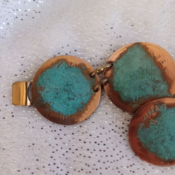Bracelet Statement Oxidized Copper Turquoise Tone Coin Faux Bold 9" Boho Western - Picture 12 of 15